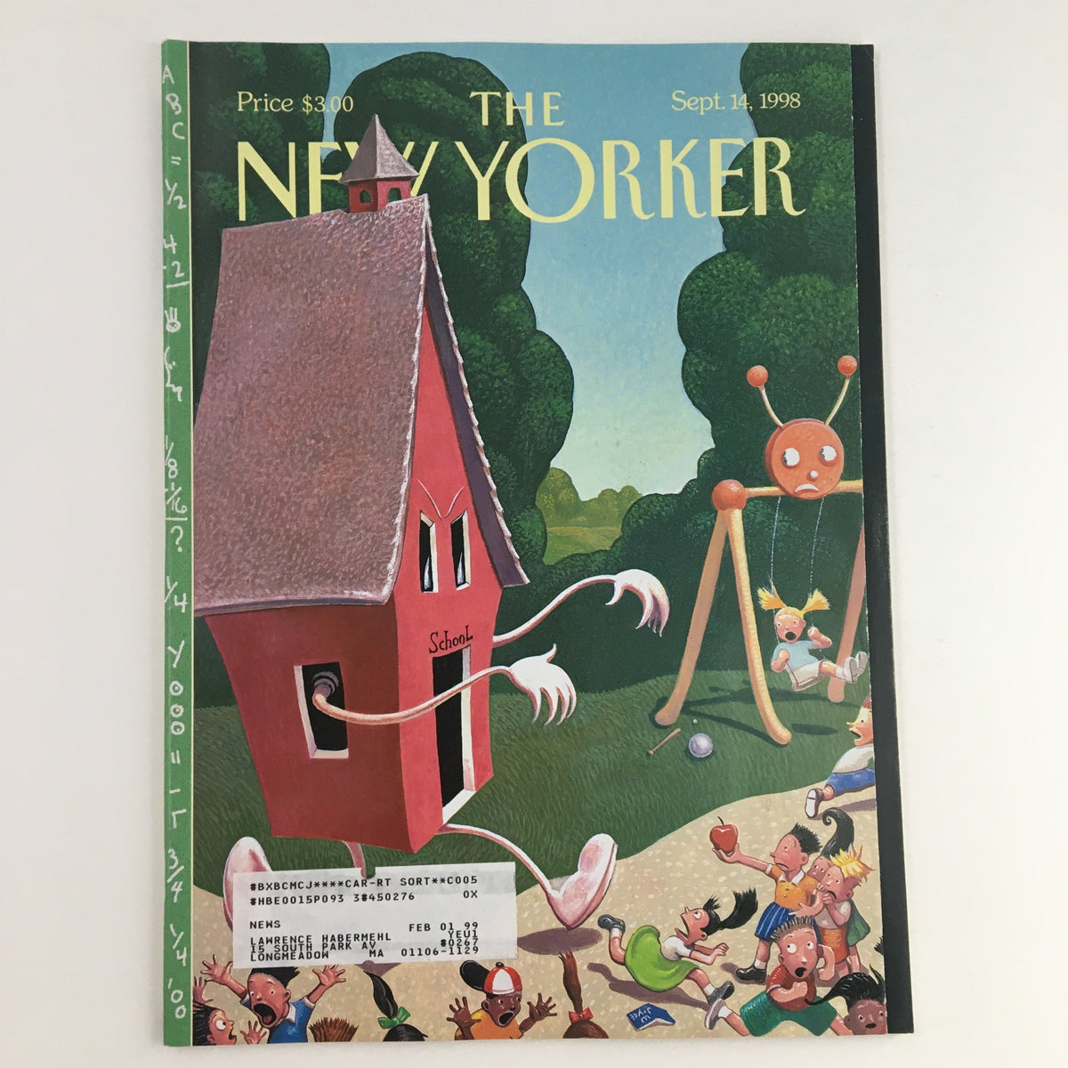 Cover art of The New Yorker September 14 1998 featuring whimsical illustration by William Joyce, depicting a school and playful characters in a vivid outdoor scene.