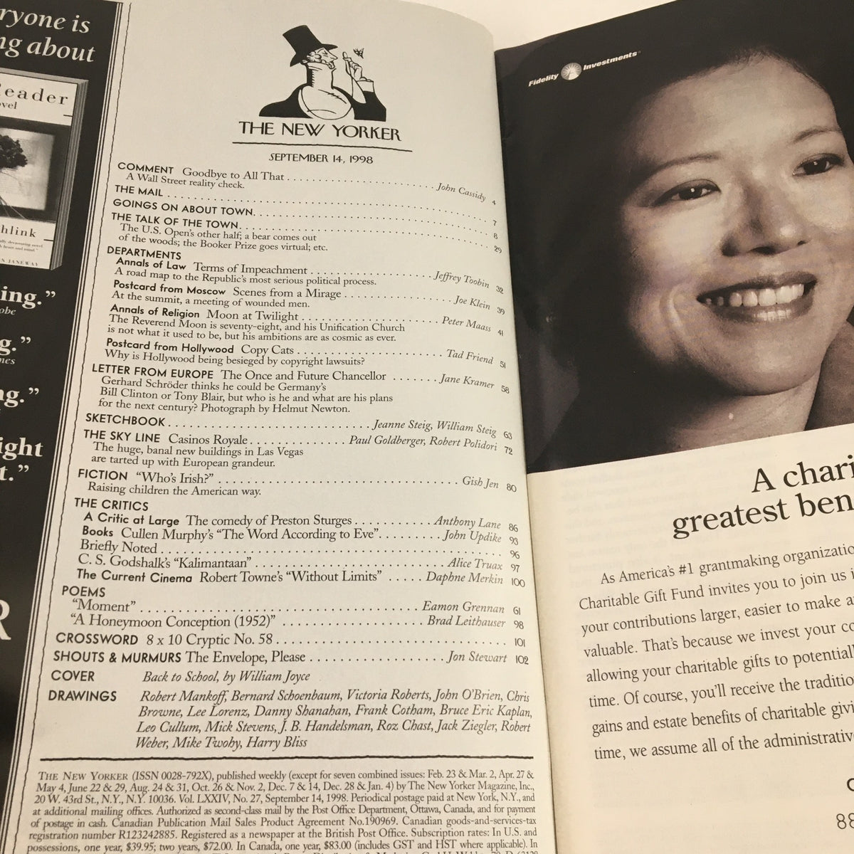 Interior page of The New Yorker September 14 1998, showcasing the table of contents and an article with a smiling woman, highlighting magazine features and contributors.