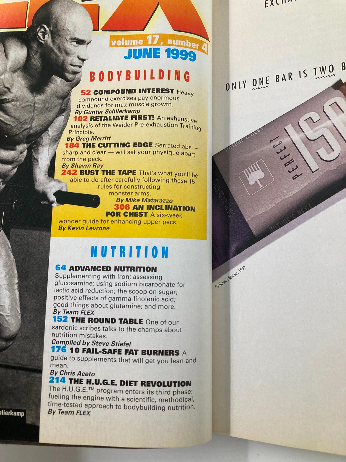 Interior page of Joe Weider's Flex Magazine June 1999 showcasing various articles including 'Advanced Nutrition' and '10 Fail-Safe Fat Burners' with a focus on bodybuilding.