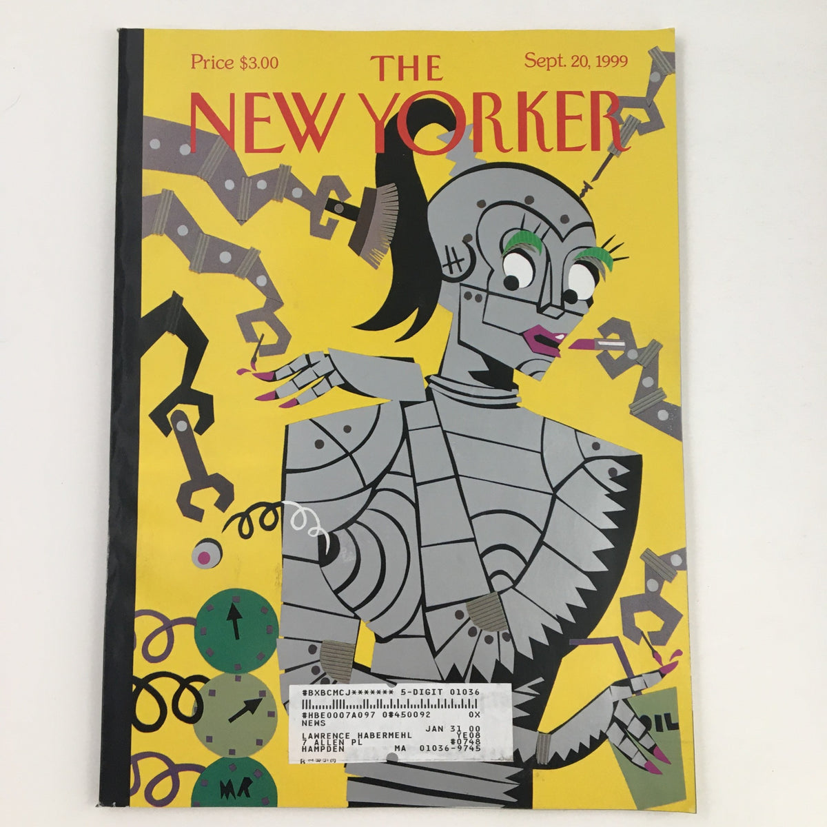 Cover of The New Yorker September 20, 1999 featuring a vibrant illustration by Michael Roberts, depicting a robotic figure on a yellow background, showcasing the magazine's artistic flair.