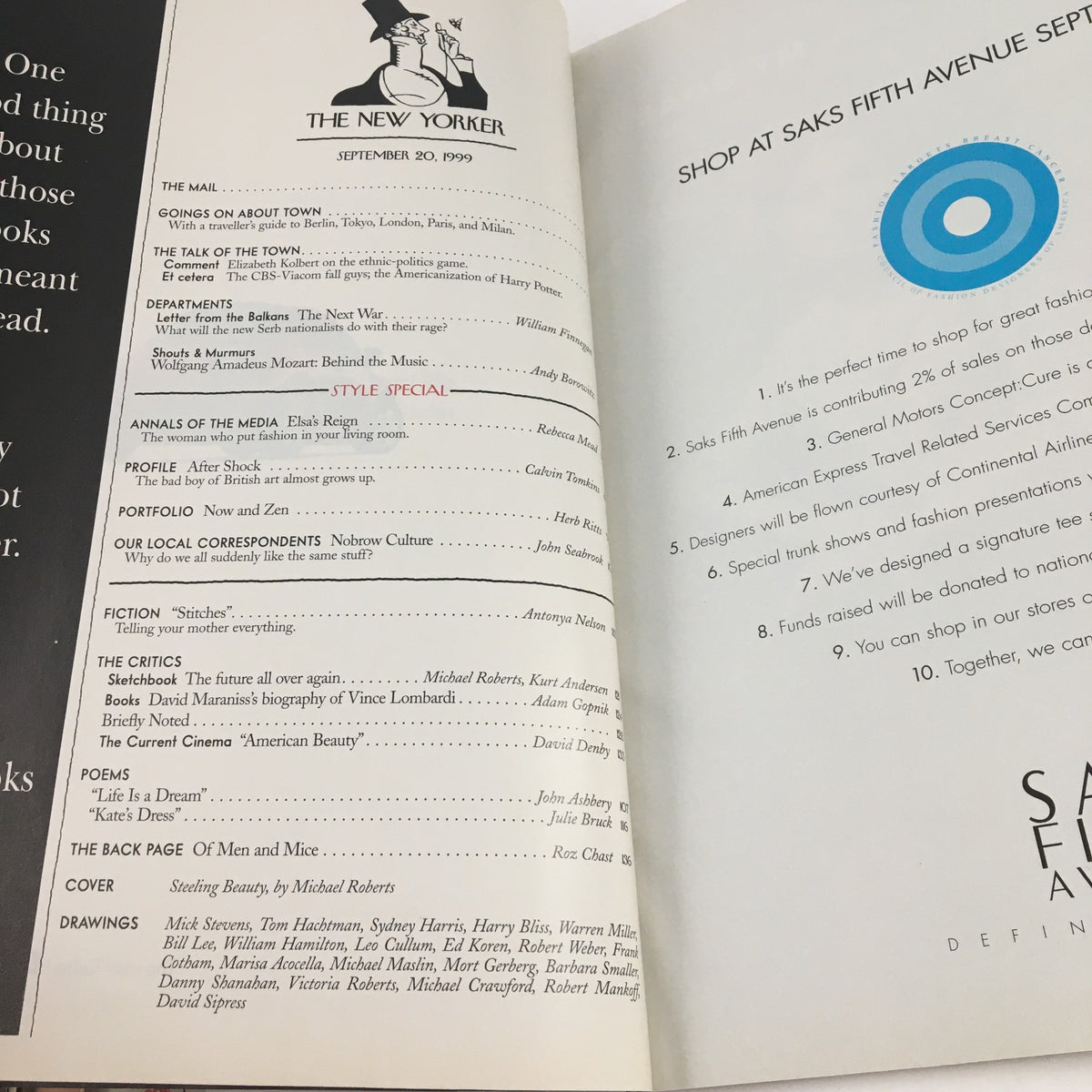 Interior page from The New Yorker September 20, 1999 displaying the table of contents, highlighting featured articles and contributors, complementing the magazine's literary and cultural significance.