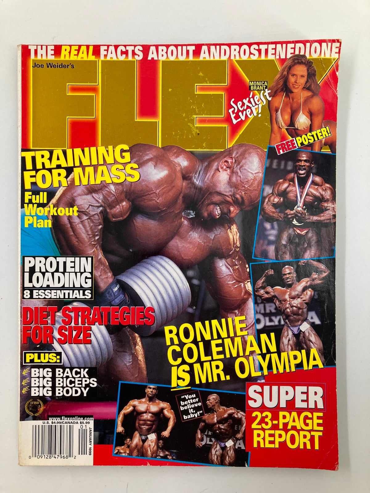 Joe Weider's Flex Magazine January 1999 featuring Ronnie Coleman on the cover, showcasing images of bodybuilding training techniques and articles on nutrition.
