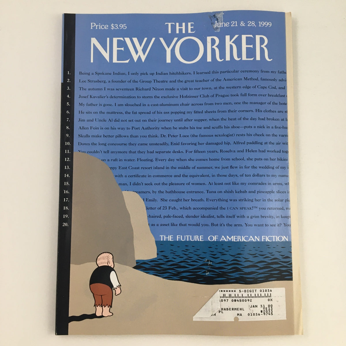Cover of The New Yorker June 21 1999 Full Magazine featuring unique theme art by Chip Kidd and Chris Ware. The cover depicts a figure near a rocky shoreline, emphasizing nostalgia and artistry in vintage magazines.