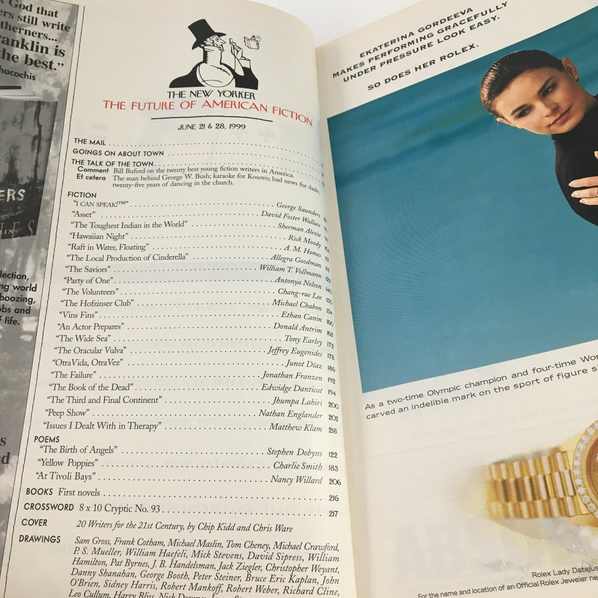 Interior page from The New Yorker magazine June 21, 1999, showcasing the table of contents and advertisements, featuring the title 'The Future of American Fiction', highlighting works by notable authors and a Rolex advertisement.