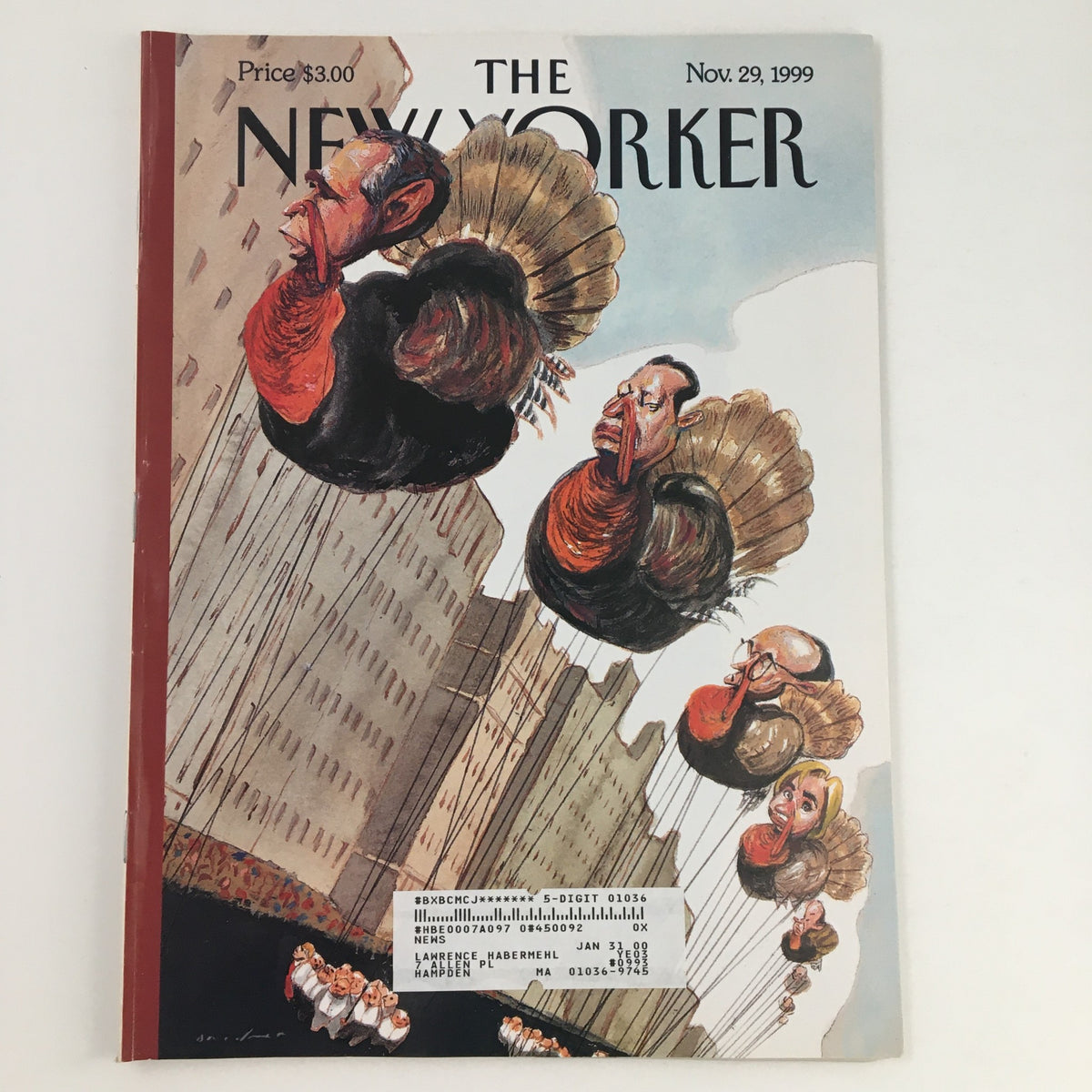 The New Yorker November 29 1999 Full Magazine Cover Art by Steve Brodner featuring caricatured figures of turkeys with human heads, illustrating the Thanksgiving theme in a creative style.