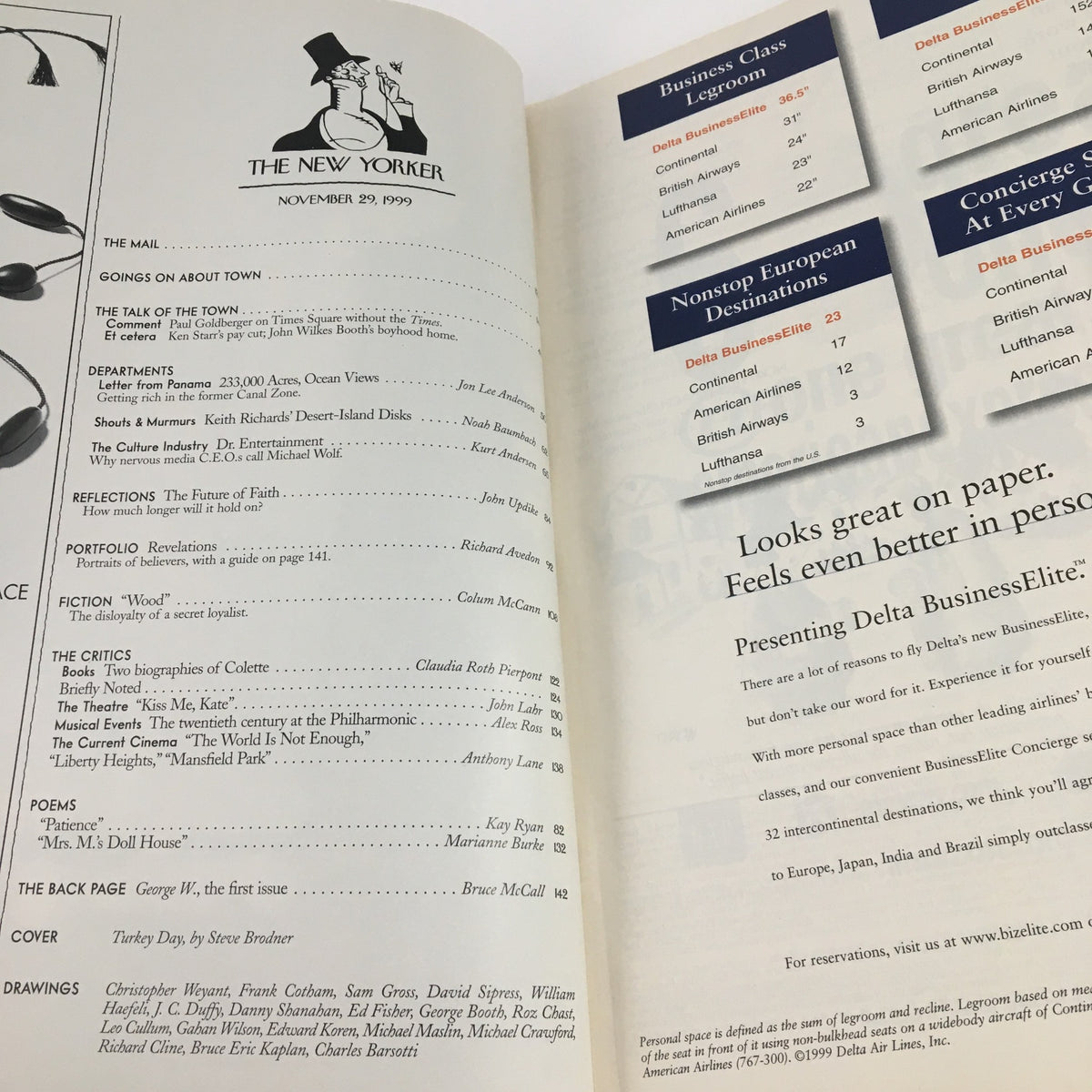 The New Yorker November 29 1999 interior pages showcasing an index of contents and advertisements, emphasizing various cultural articles and features within the magazine.