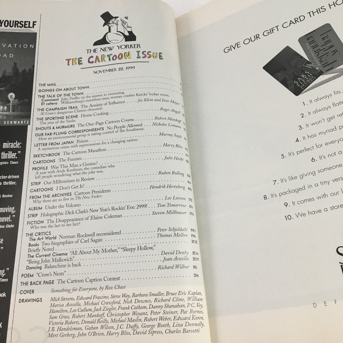Interior page from The New Yorker November 22, 1999 issue, including the table of contents for 'The Cartoon Issue', listing various articles and features alongside colorful illustrations.