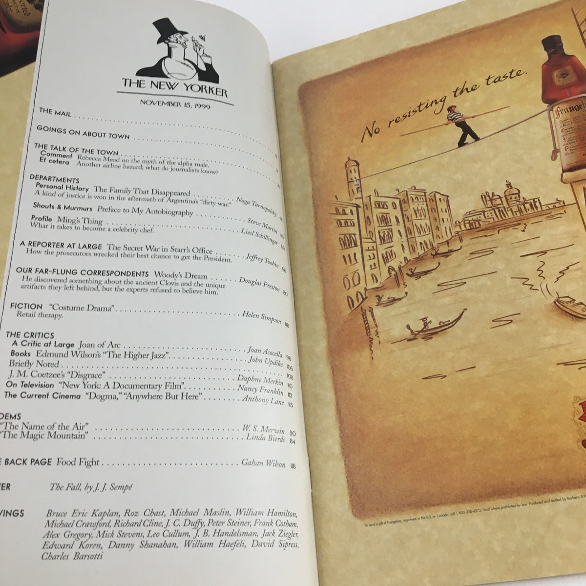 Interior page of The New Yorker November 15, 1999 magazine highlighting table of contents, showcasing various articles and illustrations.