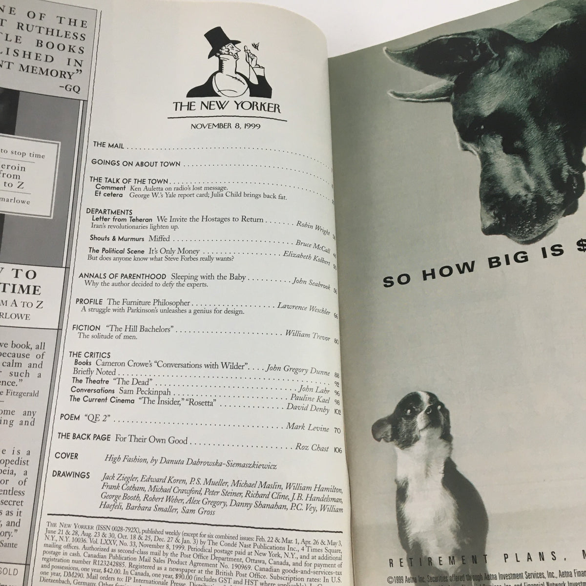 Inside content page of The New Yorker November 8, 1999 issue, displaying the table of contents with featured articles and sections.