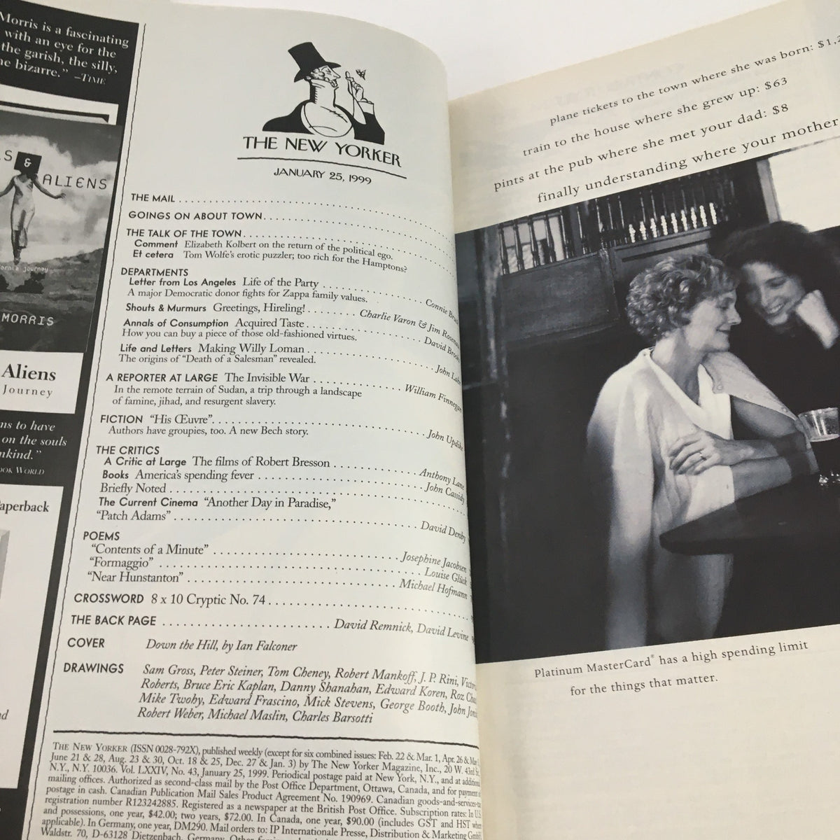 Interior page of The New Yorker January 25, 1999 showcasing the table of contents and cover art by Ian Falconer, highlighting articles and features of the issue.