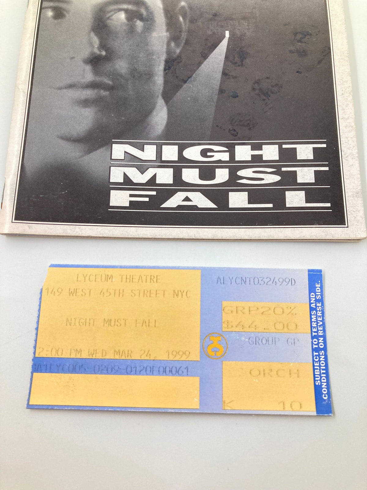 1999 Playbill Lyceum Theatre Night Must Fall featuring the production cover and a ticket stub.
