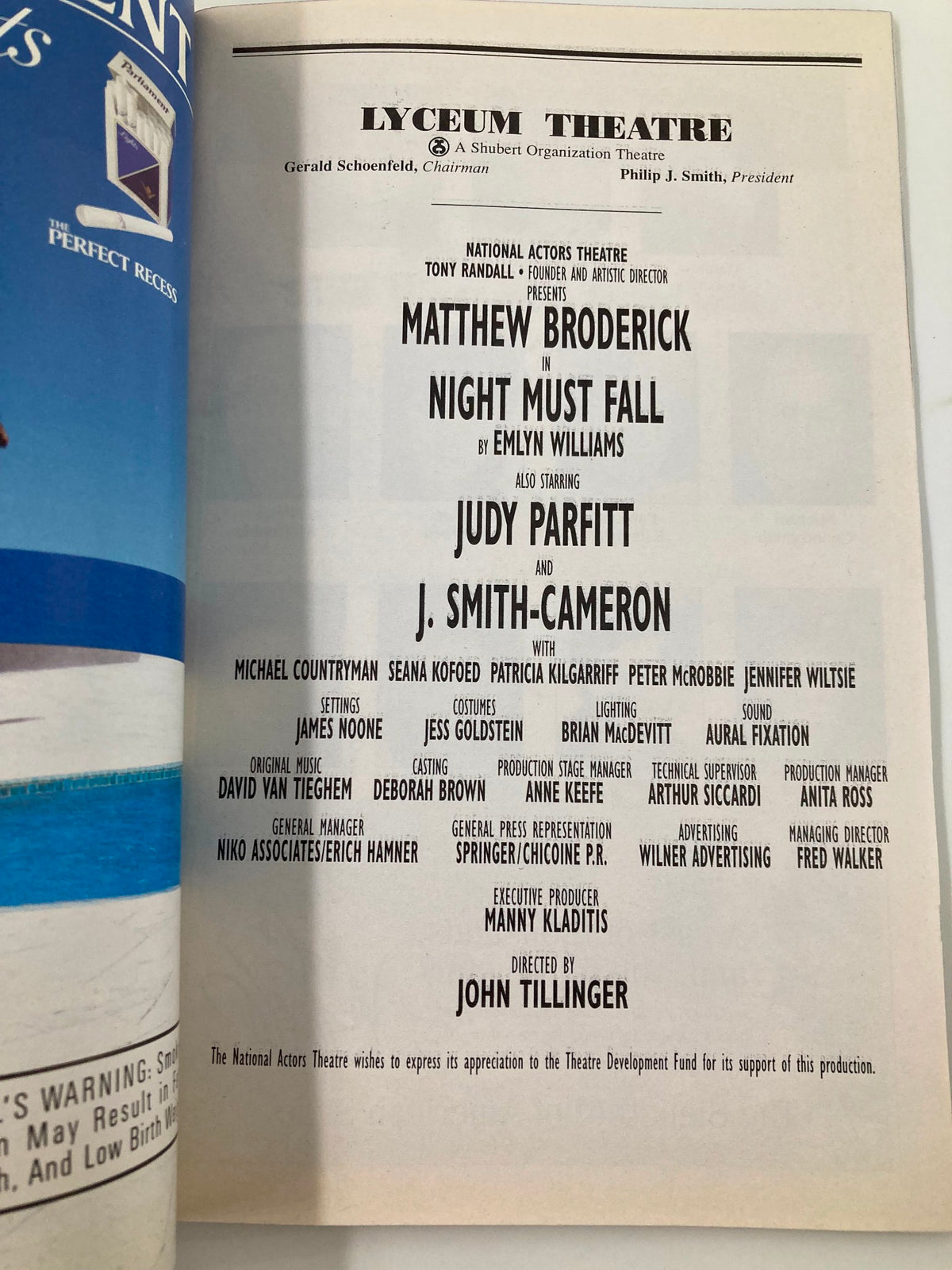 1999 Playbill Lyceum Theatre Night Must Fall displaying the cast list and production details inside the Playbill.