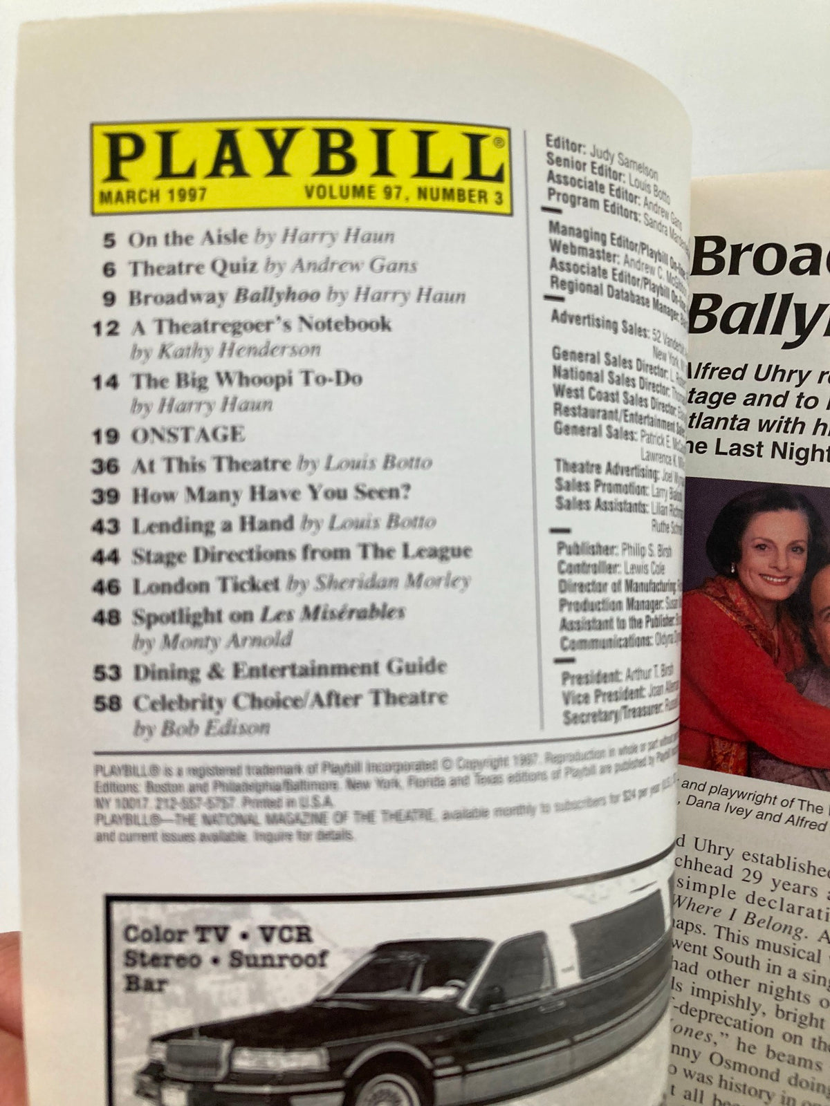 Interior page of the 1997 Playbill for The Last Night of Ballyhoo, listing contents and features of the March edition.
