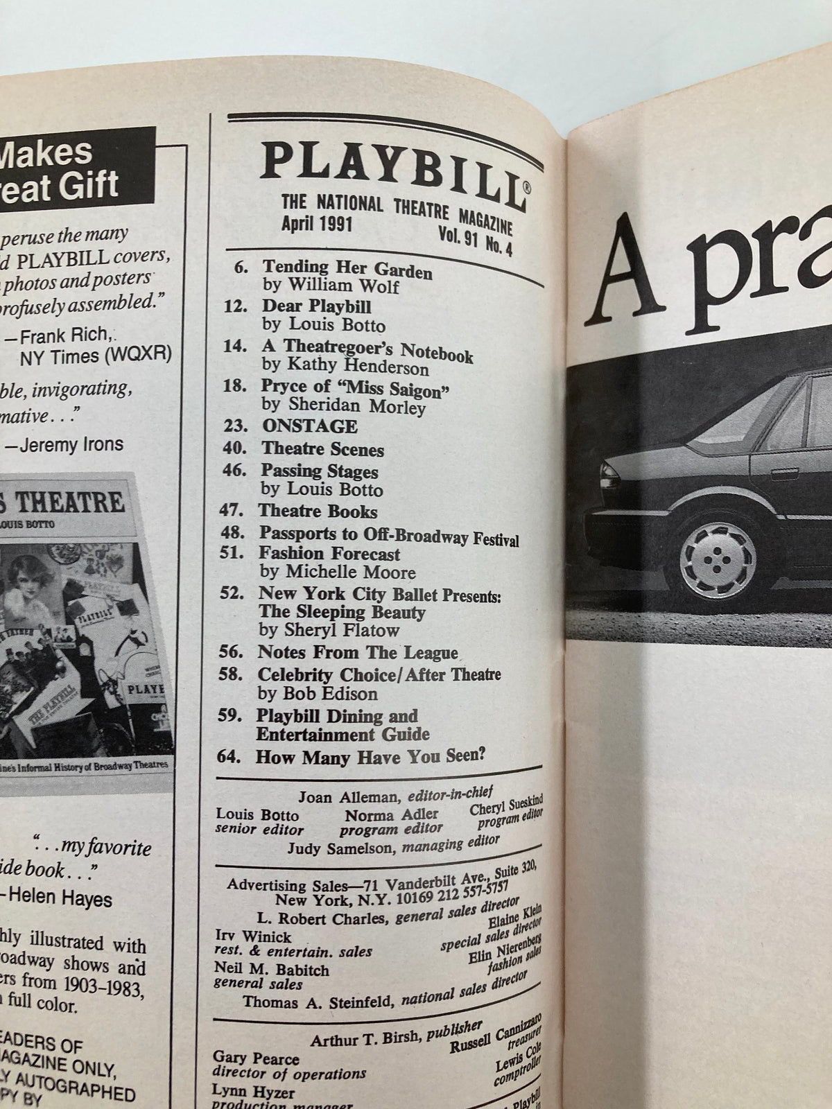 1991 Playbill featuring Keith Carradine in The Will Rogers Follies at the Palace Theatre, showcasing pages of the magazine including features and advertisements from the production.