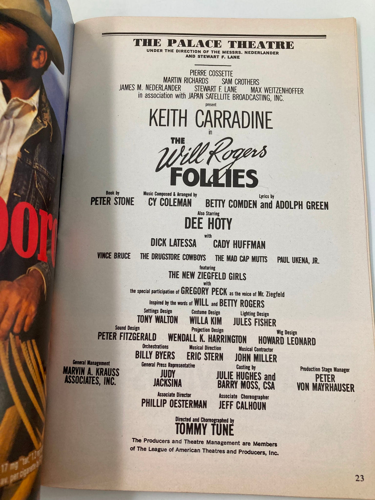 The Palace Theatre page of the 1991 Playbill highlighting Keith Carradine in The Will Rogers Follies, listing the cast and creative team involved in the Broadway show.