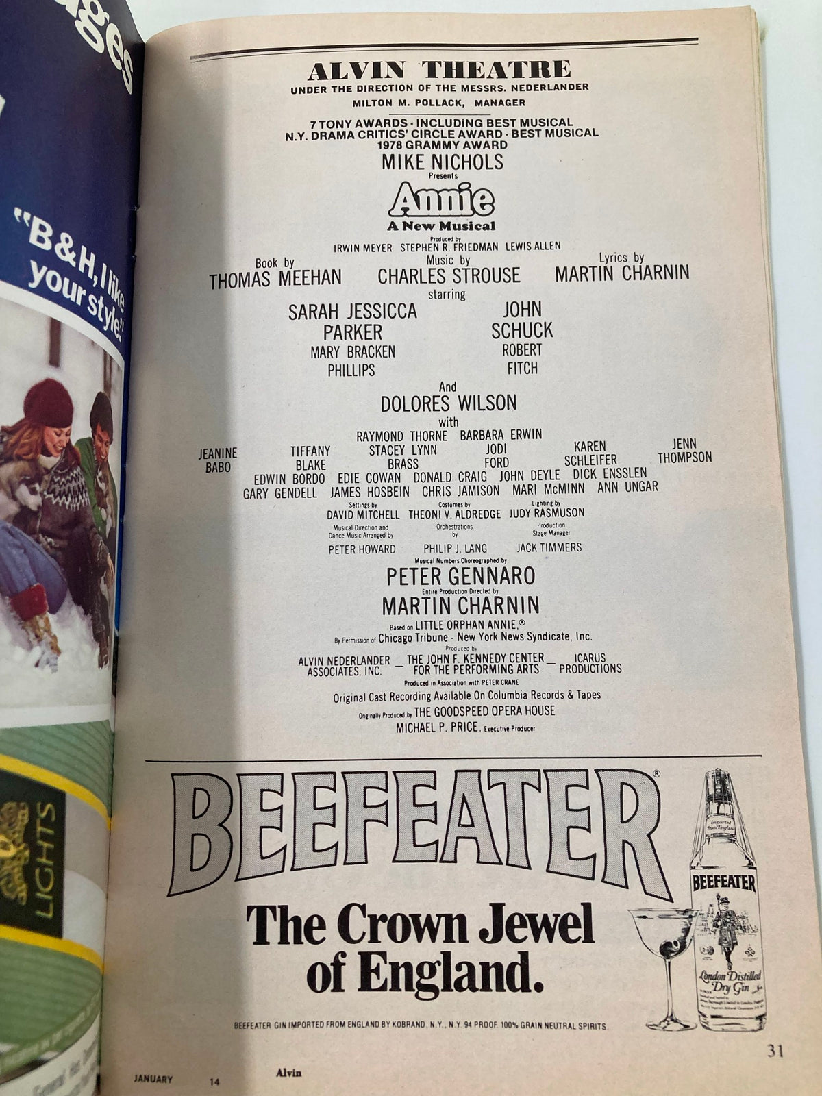 Cast list page from the 1980 Playbill for 'Annie' at the Alvin Theatre, featuring talents like Sarah Jessica Parker and John Schuck.