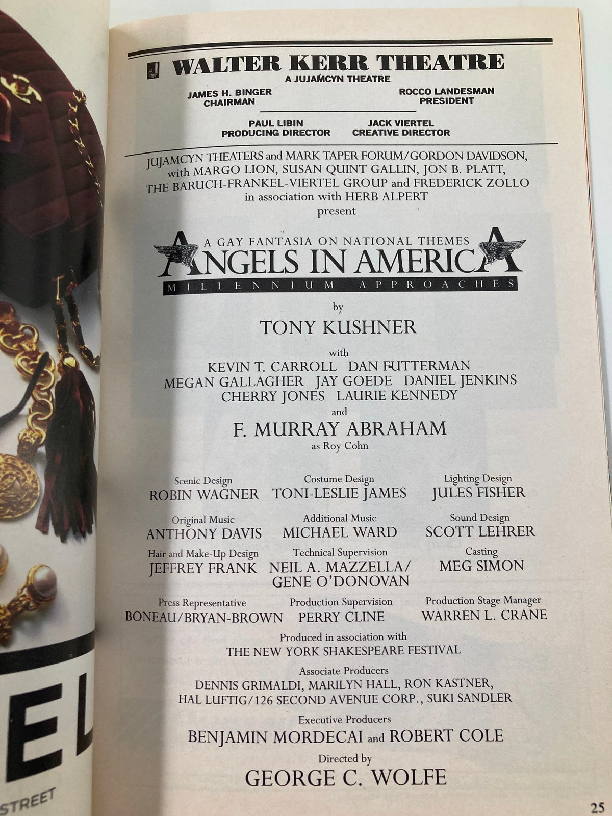 Cast and crew credits page from the 1994 Playbill for Angels in America at Walter Kerr Theatre, featuring F. Murray Abraham and playwright Tony Kushner.