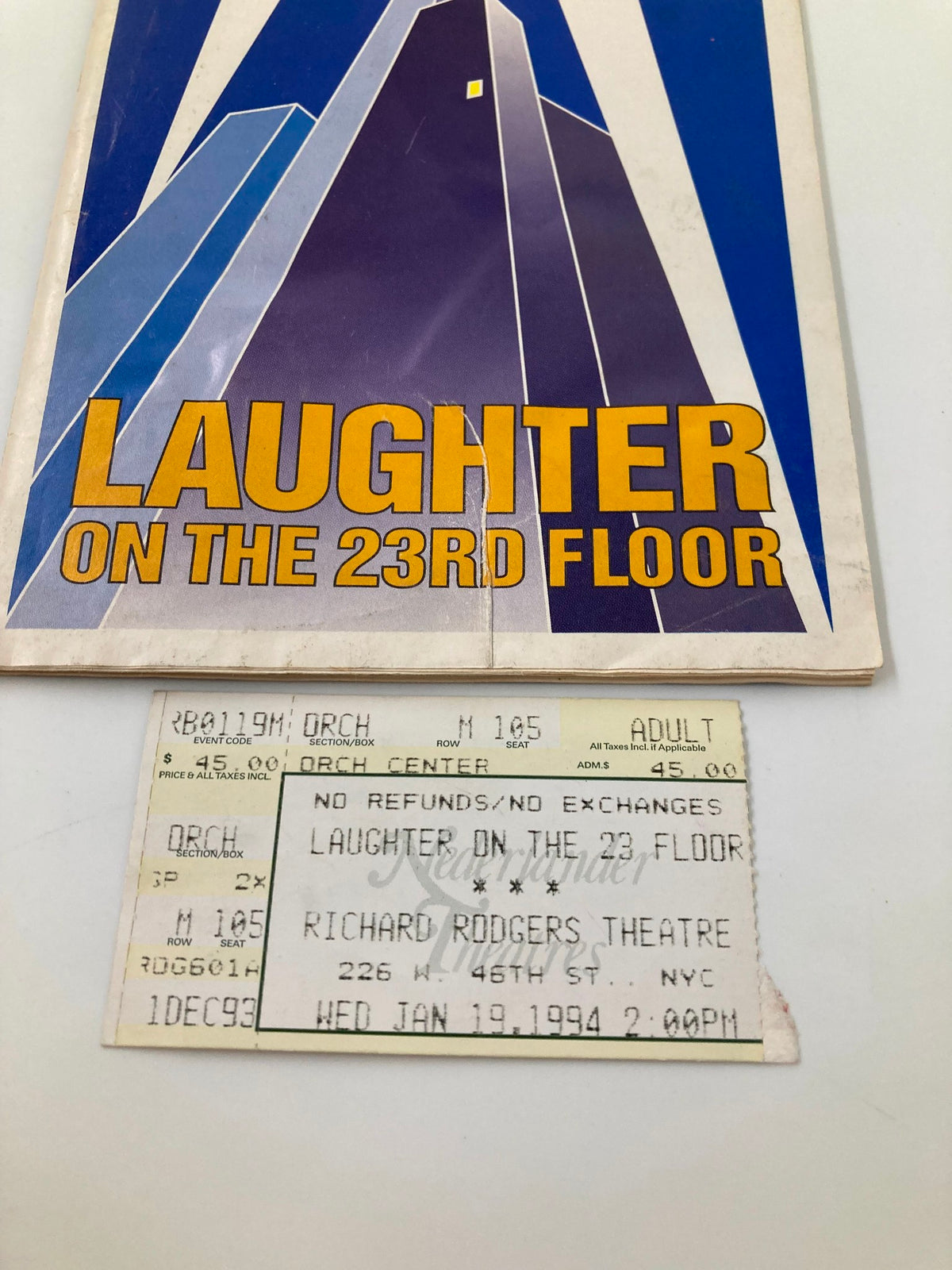 Original ticket from the 1994 performance of 'Laughter On The 23rd Floor' at Richard Rodgers Theatre, dated January 19, 1994.