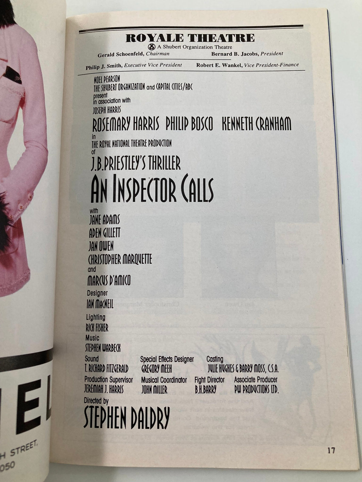 1994 Playbill from the Royale Theatre production of 'An Inspector Calls,' featuring cast members Jane Adams and Aden Gillett, showcasing the title and production details.