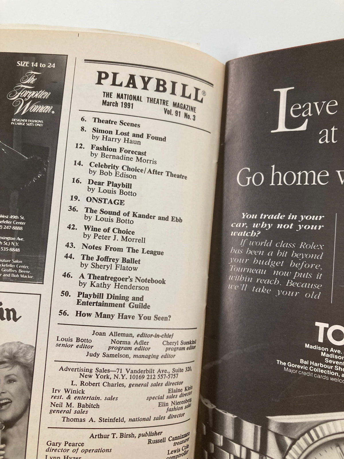 Inside page of the 1991 Playbill for Nunsense, listing theater scenes, advertisements, and articles from the National Theatre Magazine.