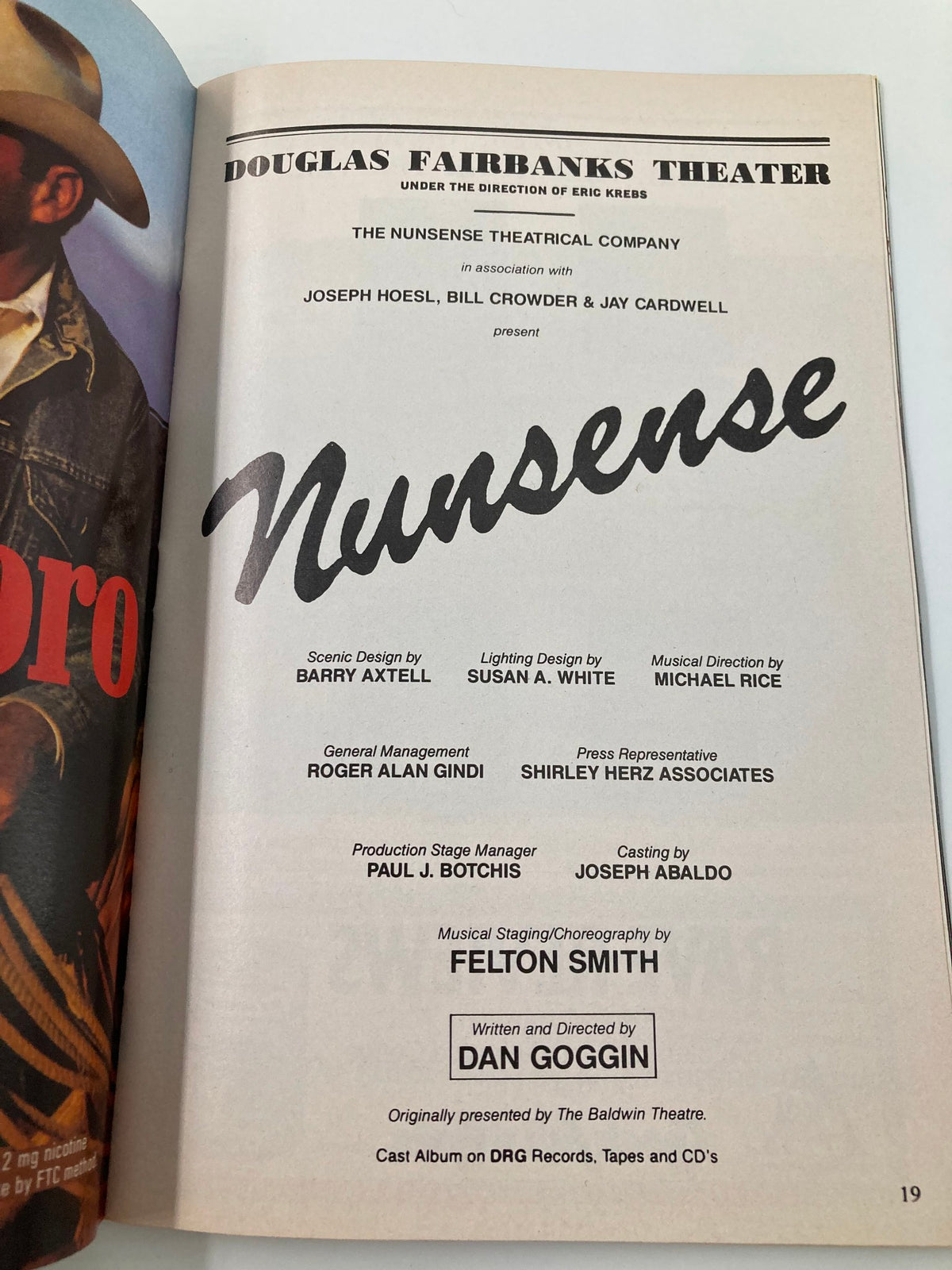 Nunsense production details from the 1991 Playbill, showcasing direction by Dan Goggin, design credits, and cast information for the Douglas Fairbanks Theater.