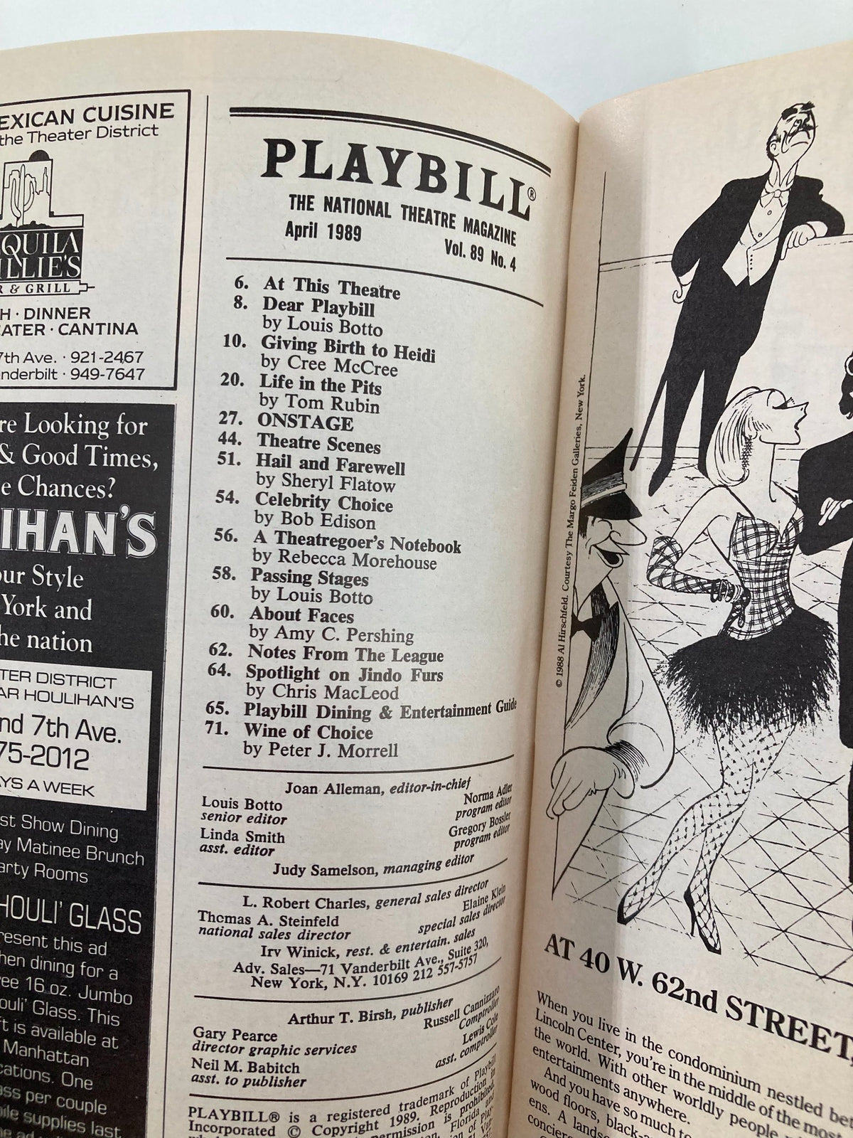 Inside view of the 1989 Playbill for Sarafina! showcasing contents and advertisements from the April 1989 issue of The National Theatre Magazine.