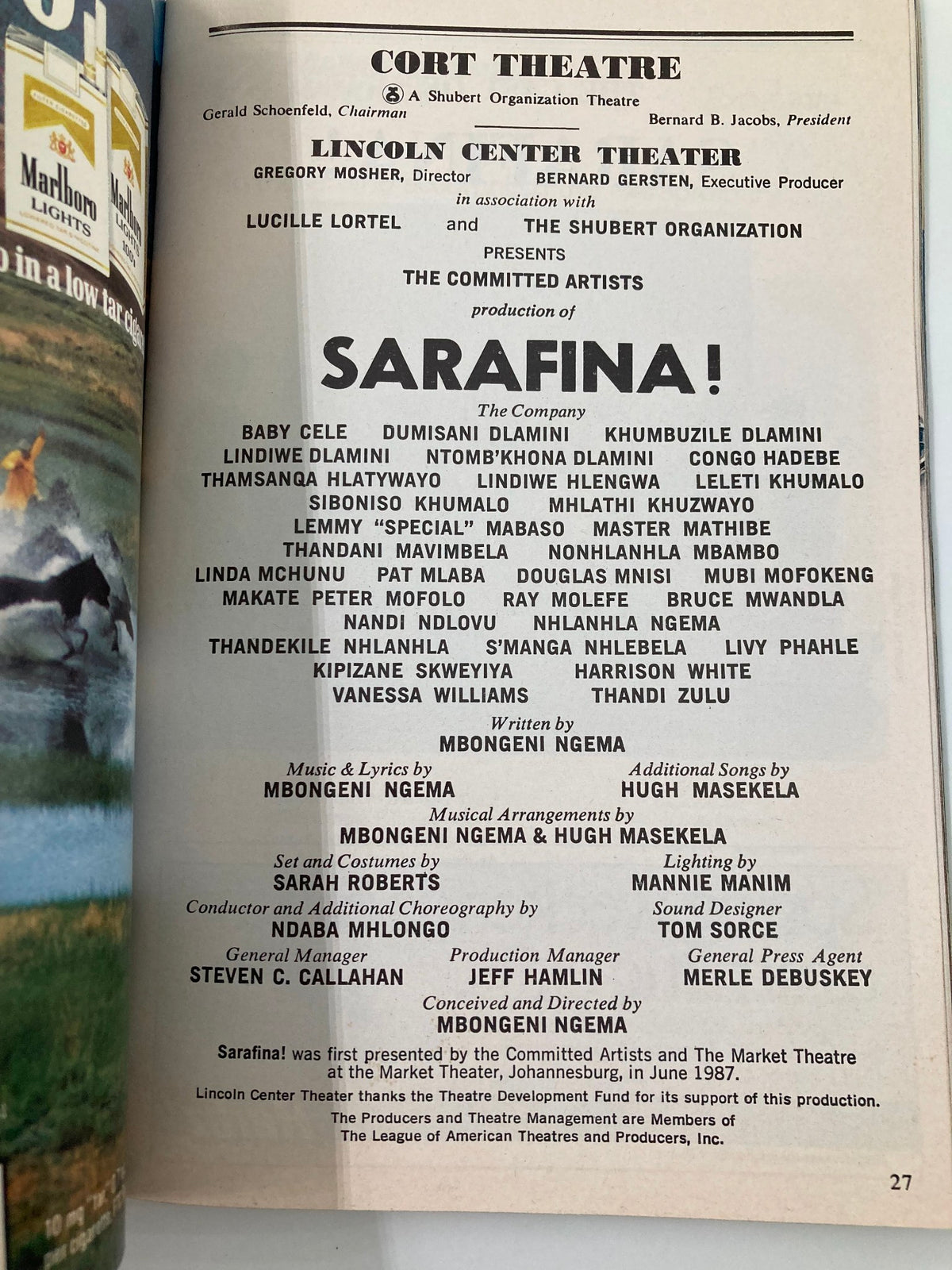 Cast list page from the 1989 Playbill for Sarafina! detailing the performers including Baby Cele and Dumisani Dlamini at the Cort Theatre.