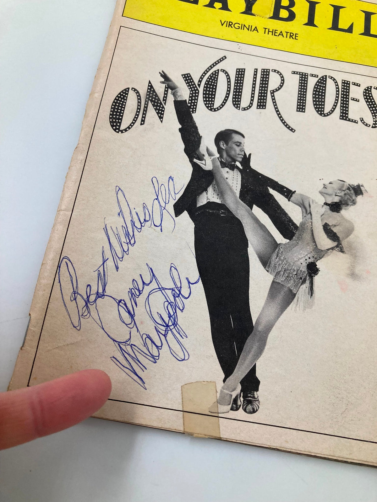 Close-up of the 1984 Playbill Virginia Theatre On Your Toes with a visible signature and personal note.