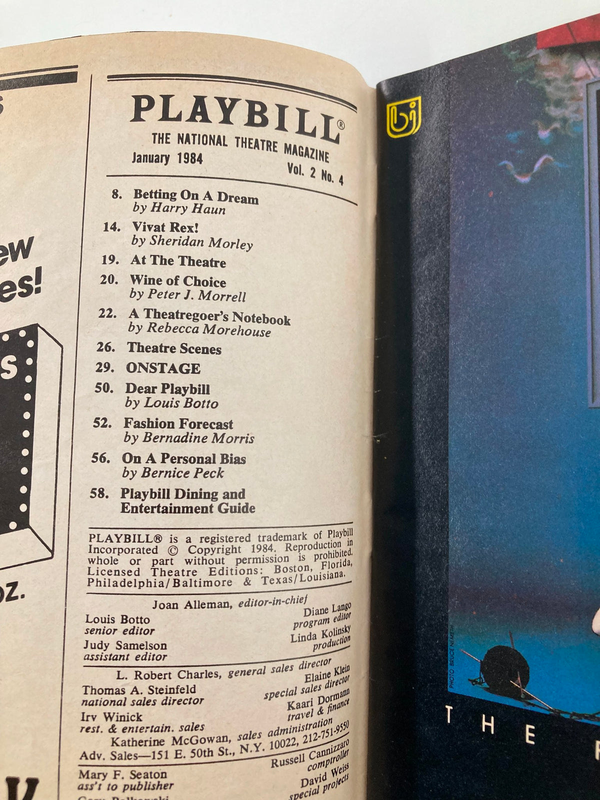 Inside page of the 1984 Playbill Virginia Theatre showing contents and articles from January 1984.