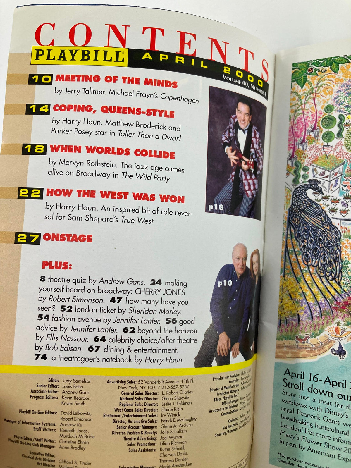 Contents page from the April 2000 Playbill Lincoln Center Theater showcasing articles and features.