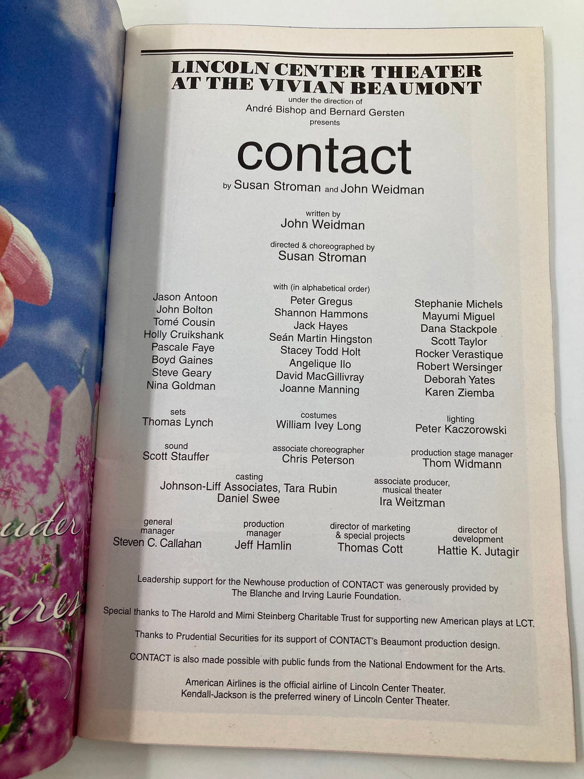 Cast list page from the 2000 Playbill Lincoln Center Theater for the production 'Contact', detailing the creative team and performers.