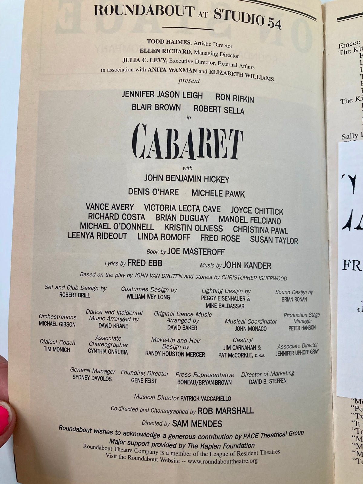 Inside view of the 1998 Playbill for 'Cabaret' at Studio 54, showcasing the cast list including John Benjamin Hickey and Michel Pawk, along with production credits.