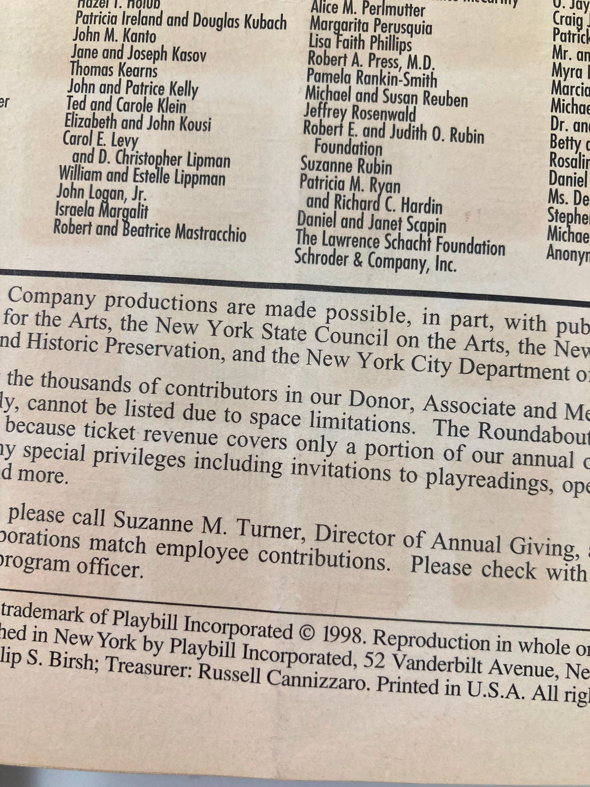 Details from the 1998 Playbill for 'Cabaret' at Studio 54, including acknowledgments to contributors and a note on the support for the Roundabout Theatre Company.