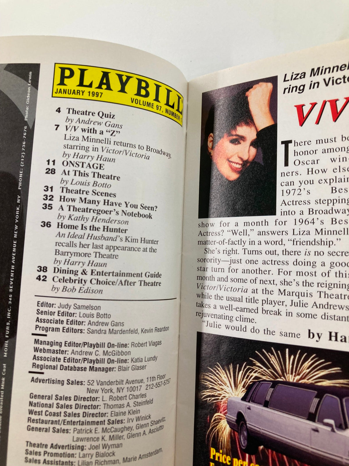 Inside view of the January 1997 Playbill Richard Rodgers Theatre Chicago, featuring articles and highlights related to Broadway performances and Liza Minnelli.
