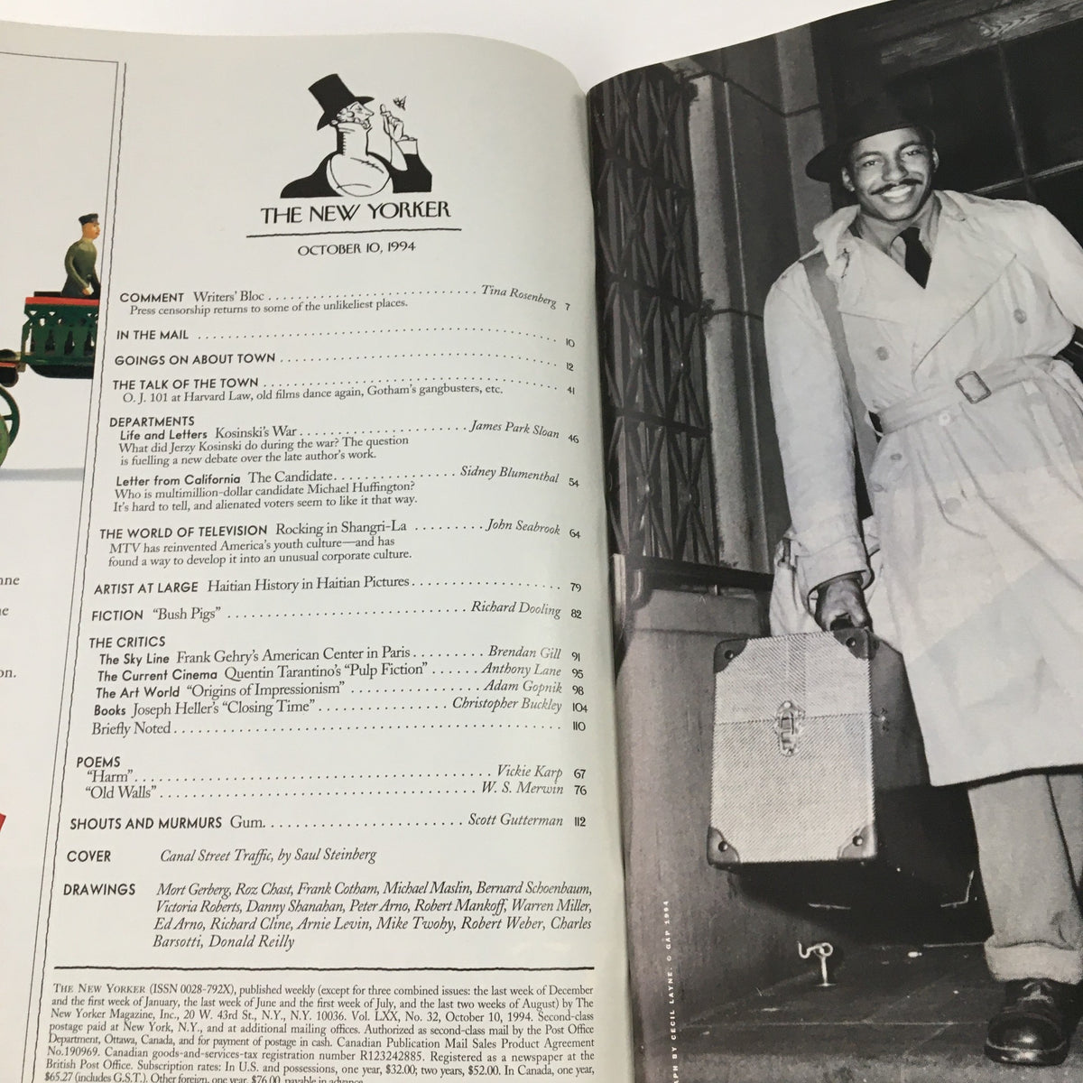 Inside page of The New Yorker October 10 1994, showcasing the magazine's table of contents with a classic layout, including articles and illustrations relevant to the issue.