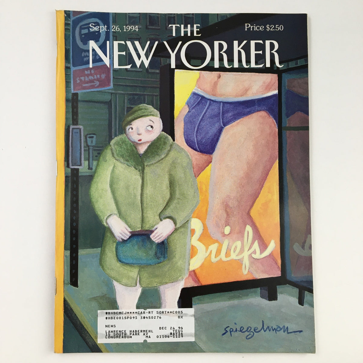 The New Yorker September 26 1994 Full Magazine Theme Cover by Art Spiegelman featuring a cartoonish illustration of a woman in a green coat standing in front of an advertisement for briefs, showcasing the unique art style of Spiegelman.