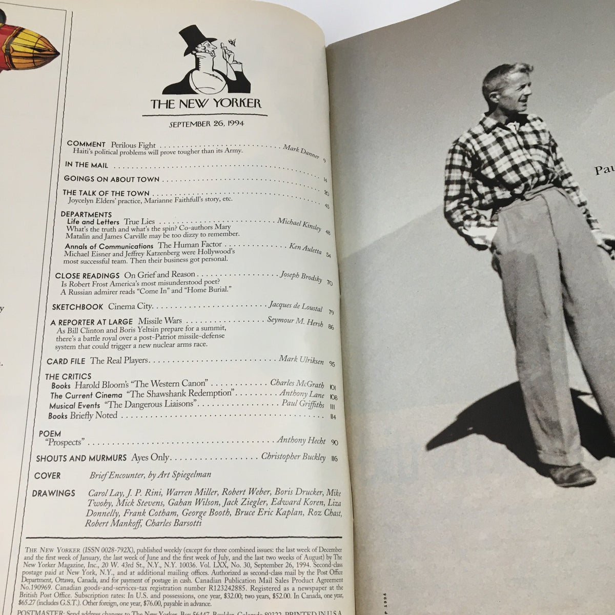 Interior page of The New Yorker September 26 1994 magazine featuring the table of contents and a photograph of a man in a checkered shirt, showcasing the design and layout attributed to Art Spiegelman.