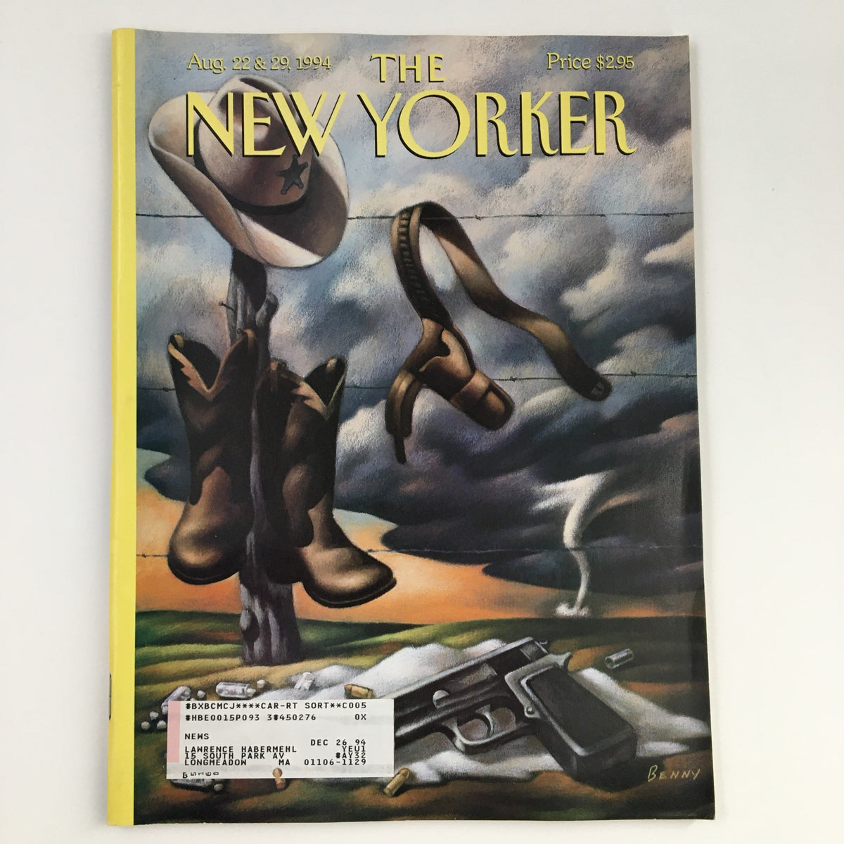 The New Yorker August 22, 1994 magazine cover featuring artwork by Mike Benny, depicting cowboy boots, a hat, and a gripping gun against a dramatic landscape.