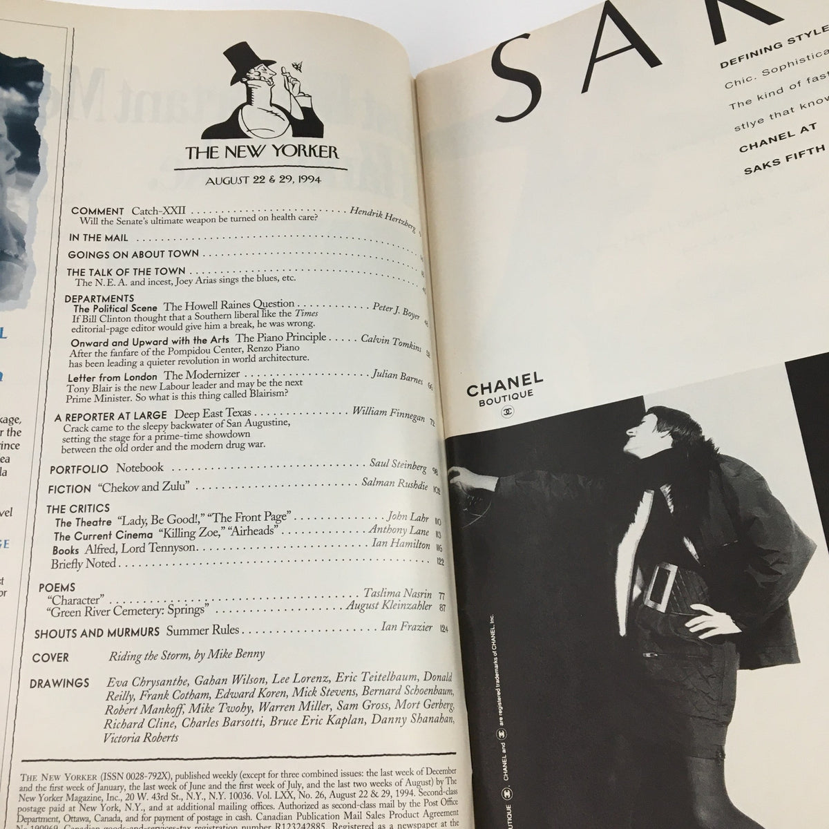 Interior page from The New Yorker August 22, 1994, showcasing the table of contents with features on various topics, including fiction by Mike Benny.