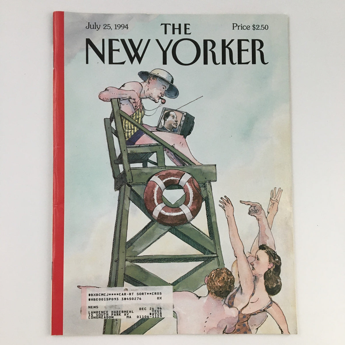 Cover of The New Yorker July 25 1994 featuring the theme 'Distracted' illustrated by Barry Blitt, showcasing a lifeguard with various beachgoers in a playful scene.