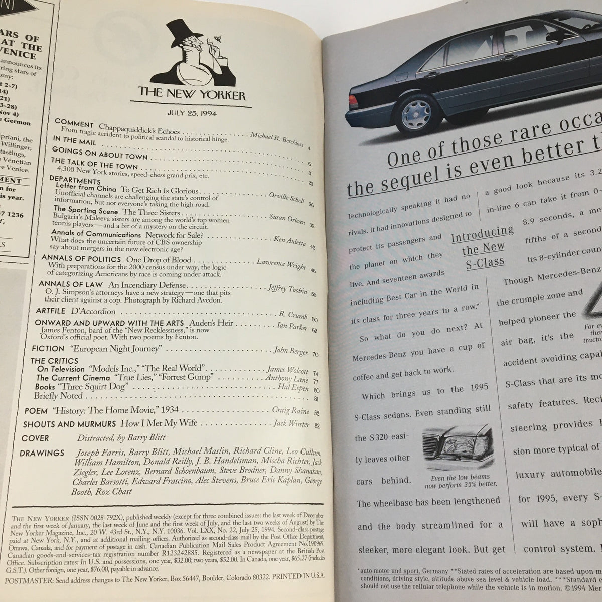 Inside page of The New Yorker July 25 1994 displaying the table of contents and articles for the issue, highlighting contributions from various writers and artists.