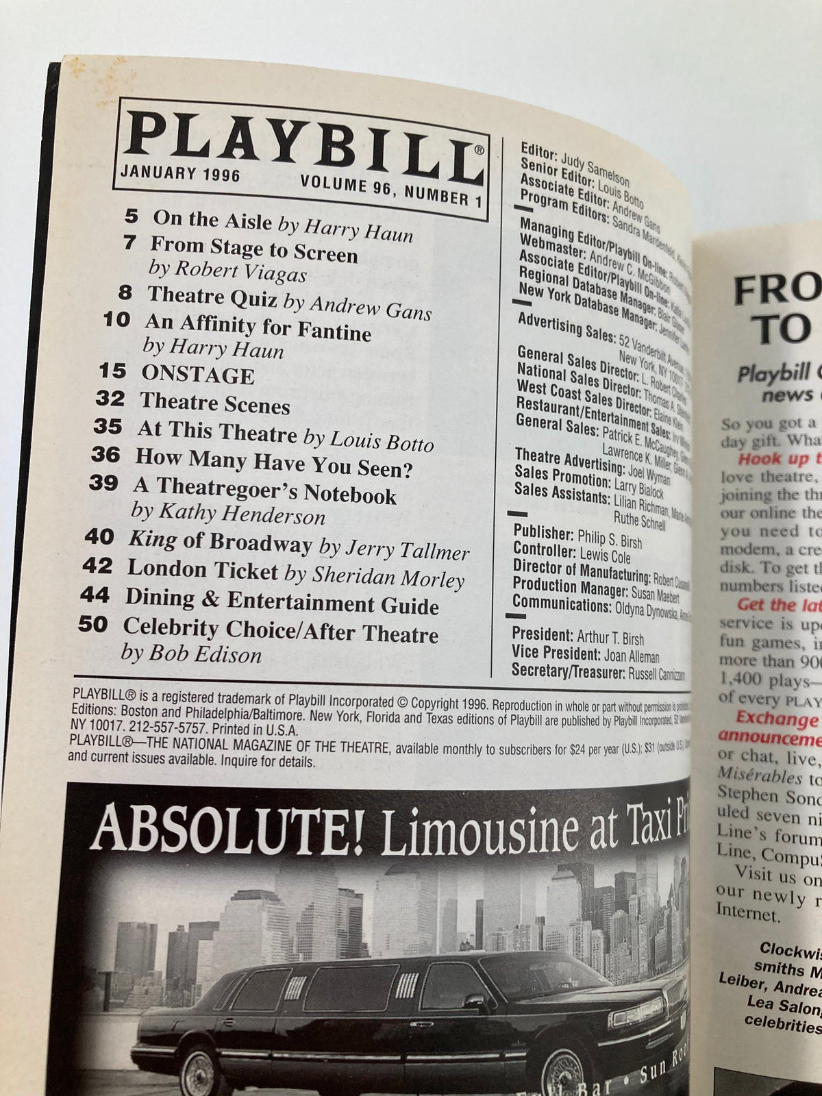 Interior page of the 1996 Playbill for Victor Victoria at the Marquis Theatre, featuring a list of contents including articles and features related to Broadway.