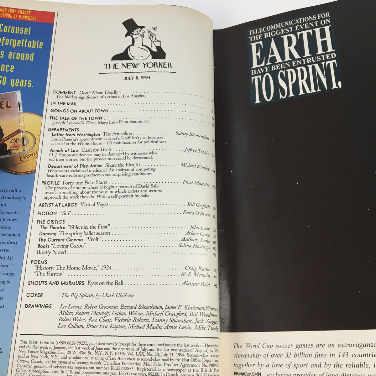 Interior page of The New Yorker July 11 1994, displaying the table of contents with various articles and illustrations, reflecting its characteristic storytelling and journalism.