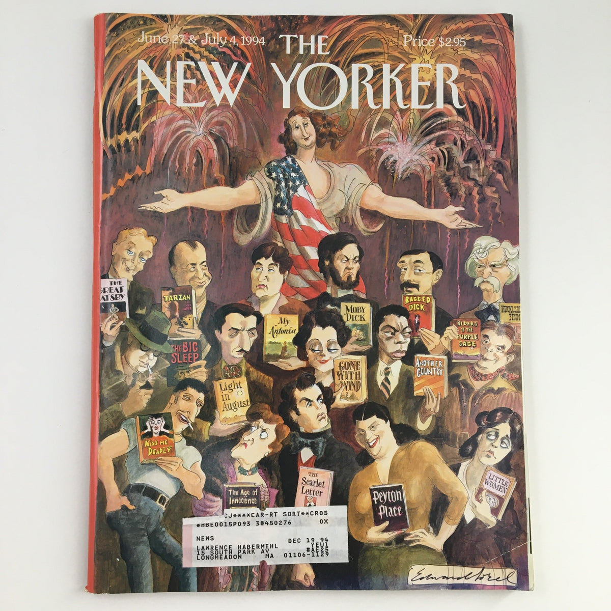 The New Yorker June 27 1994 Full Magazine Theme Cover by Edward Sorel, featuring a festive illustration with notable literary figures, patriotic themes, and vibrant colors.
