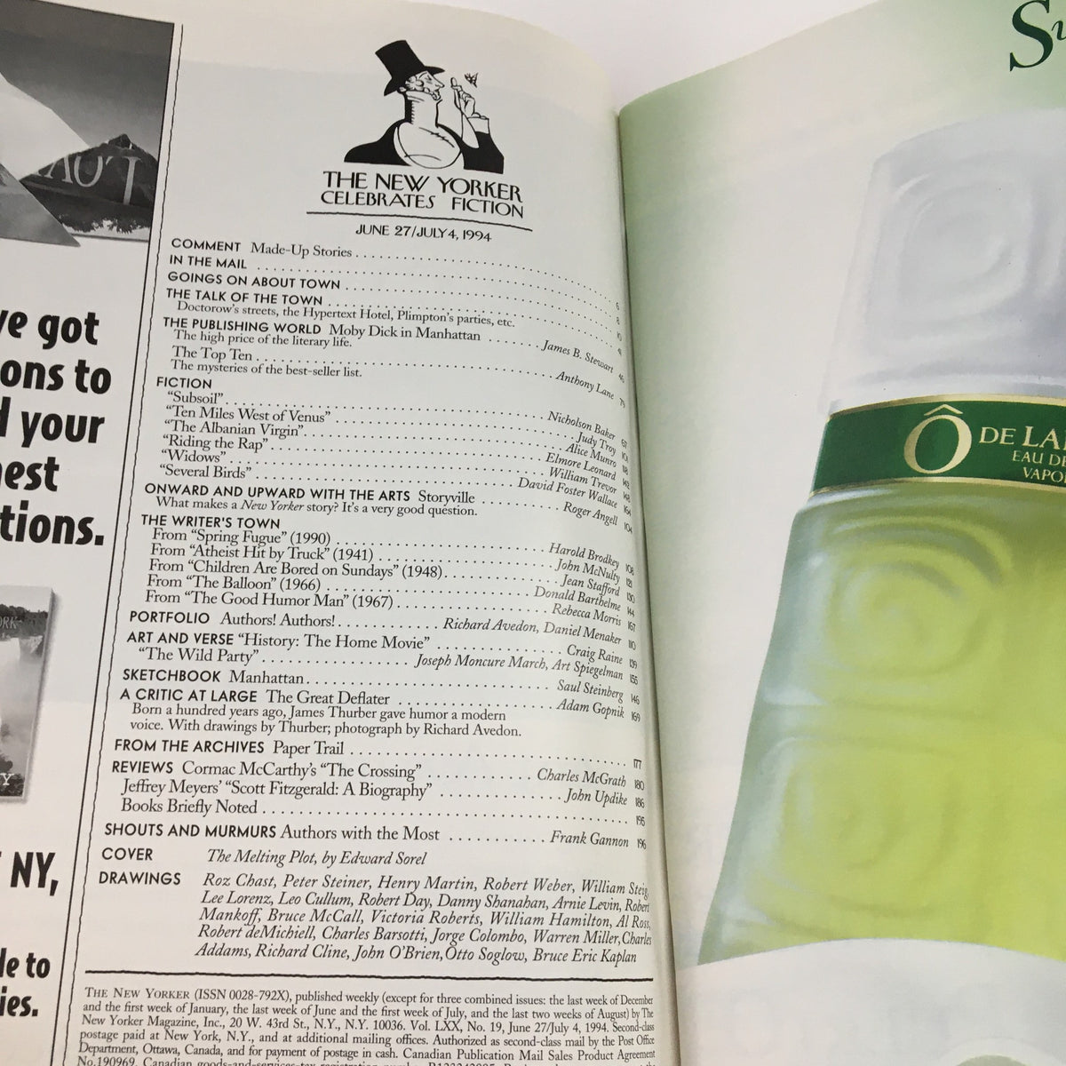 Inside page of The New Yorker June 27 1994, showcasing the table of contents and advertisements, emphasizing fiction articles and notable contributors.