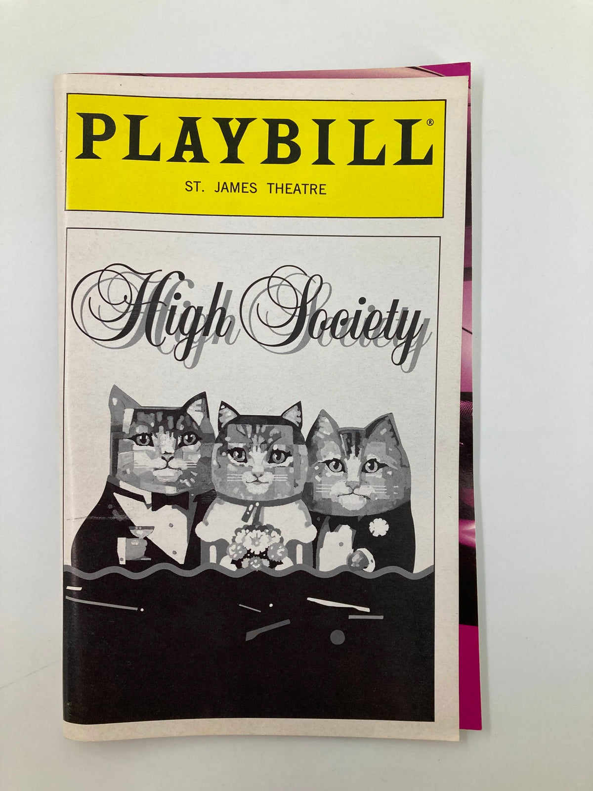 Authentic 1998 Playbill from St. James Theatre showcasing the musical High Society featuring artwork with cats in formal wear.