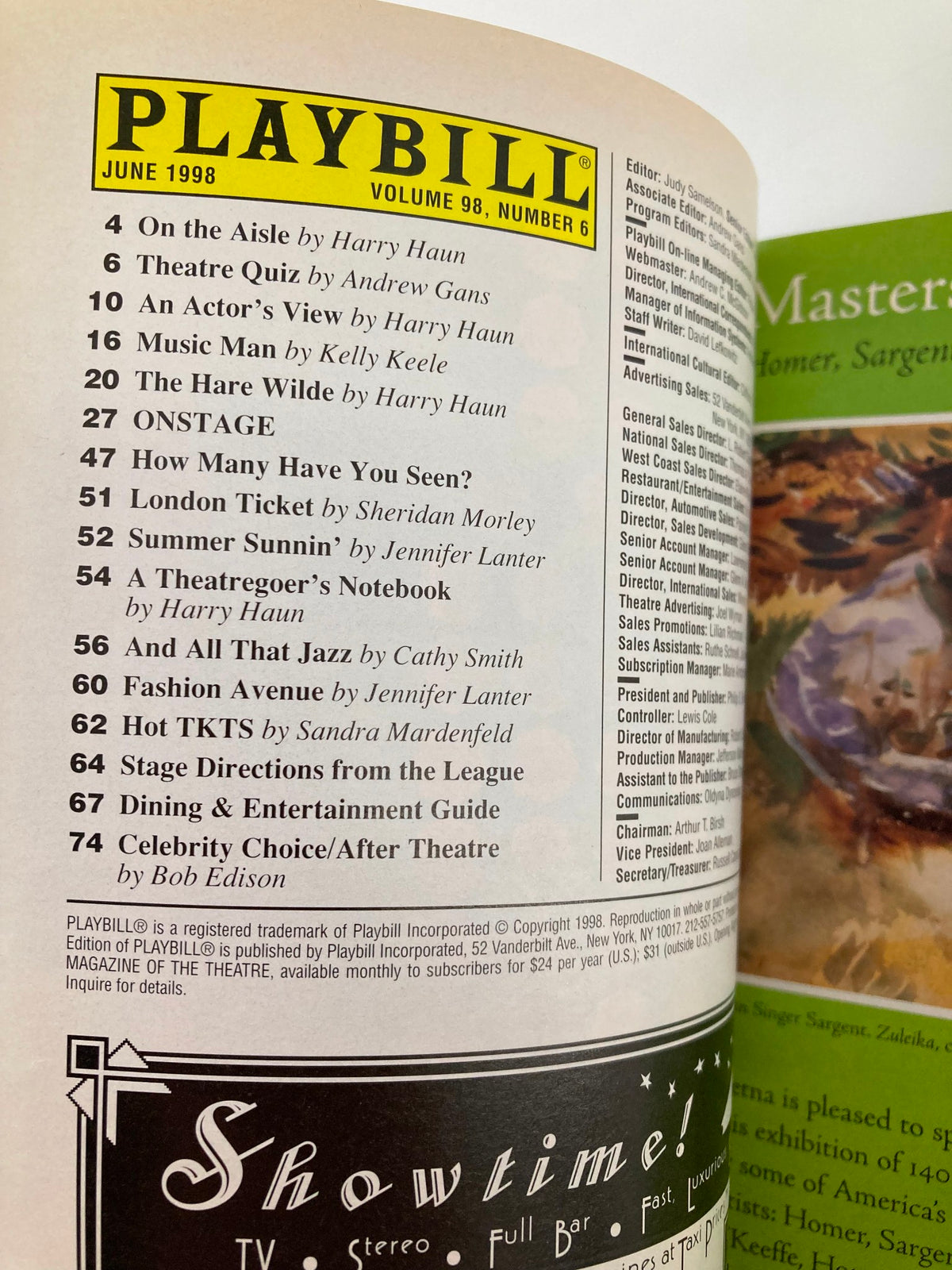 Inside view of the 1998 Playbill from St. James Theatre for High Society, displaying the content list of the show and contributor details.