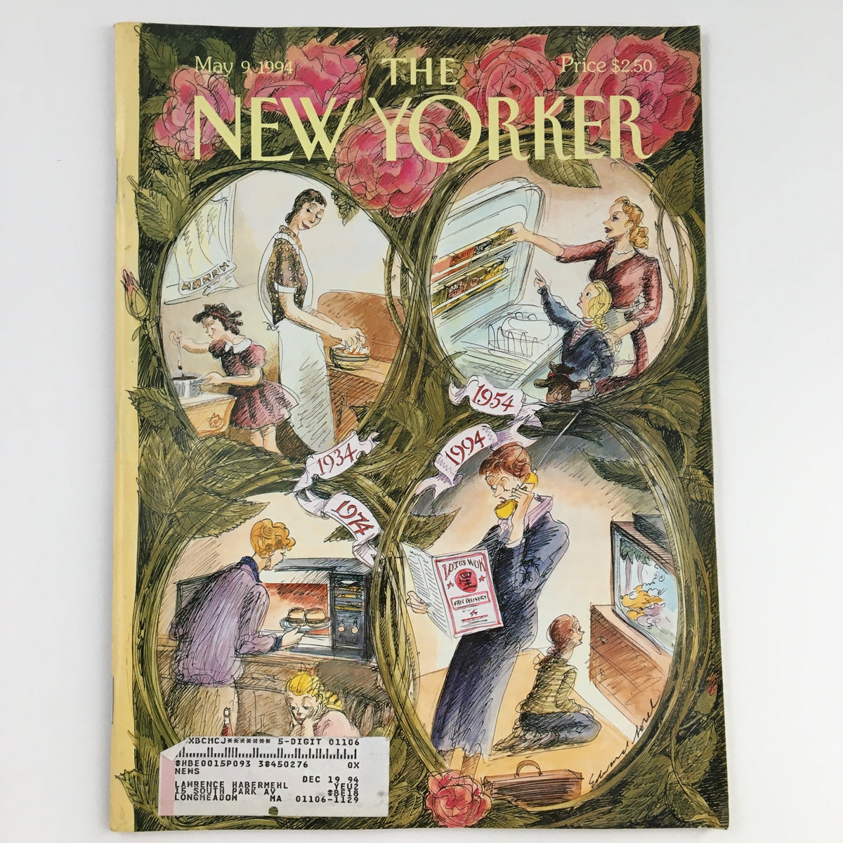 The New Yorker May 9 1994 Full Magazine Cover featuring art by Edward Sorel, depicting nostalgic scenes of domestic life with a vibrant floral border.