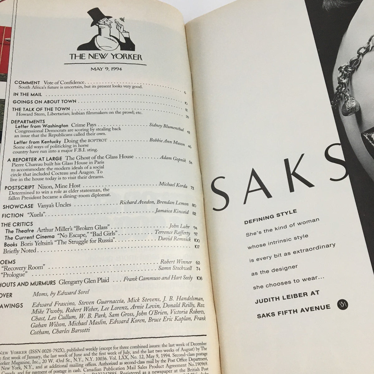 The New Yorker May 9, 1994 magazine interior page showcasing the table of contents and advertising layout, highlighting articles and features from this vintage issue.