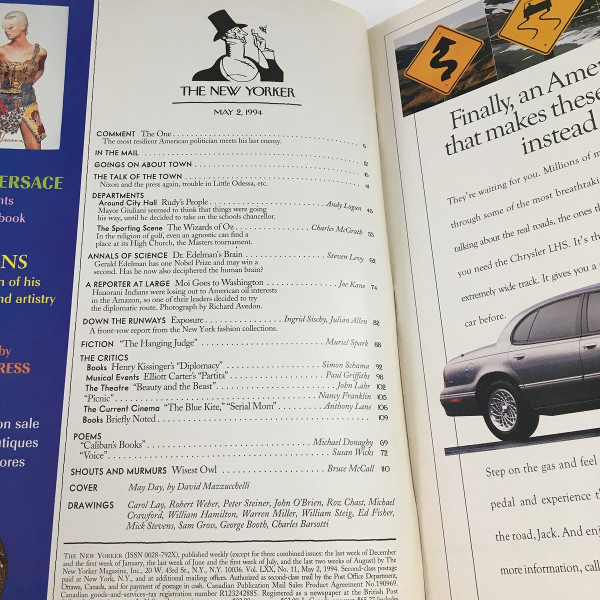 The New Yorker May 2 1994 interior page showcasing the magazine's contents including articles and illustrations by various authors.